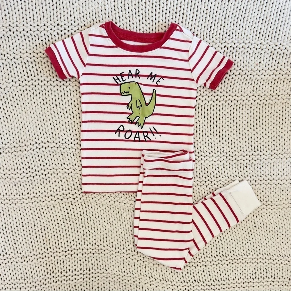 Old Navy Dinosaur Print Red & White Stripped Toddler Pajama Set 3T